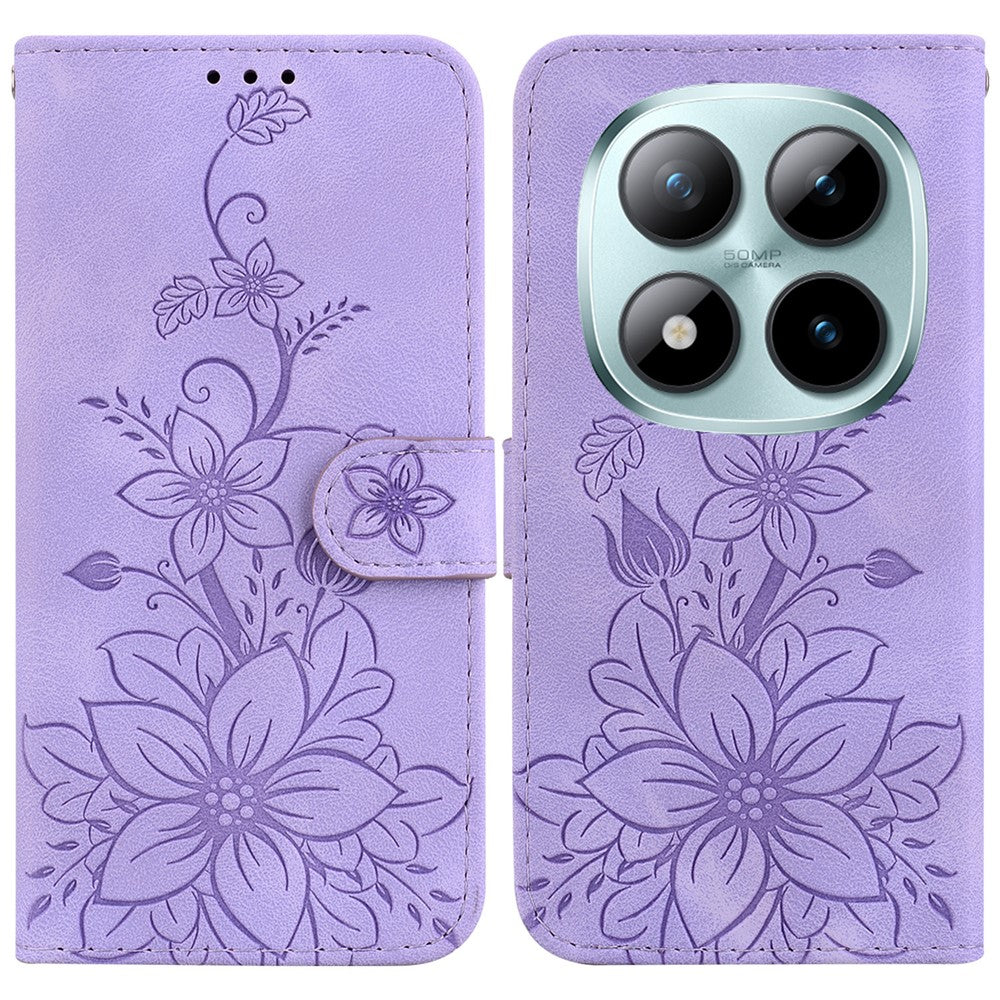 For Xiaomi Redmi Note 15 Pro 5G (Global) Stand Case Lily Flower Imprint Leather Phone Cover with Wrist Strap - Purple