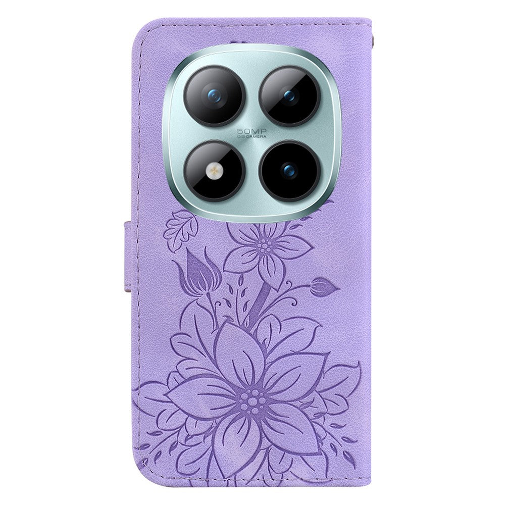 For Xiaomi Redmi Note 15 Pro 5G (Global) Stand Case Lily Flower Imprint Leather Phone Cover with Wrist Strap - Purple