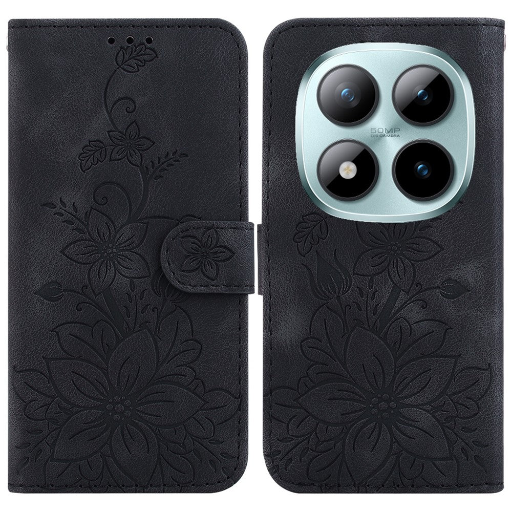 For Xiaomi Redmi Note 15 Pro 5G (Global) Stand Case Lily Flower Imprint Leather Phone Cover with Wrist Strap - Black