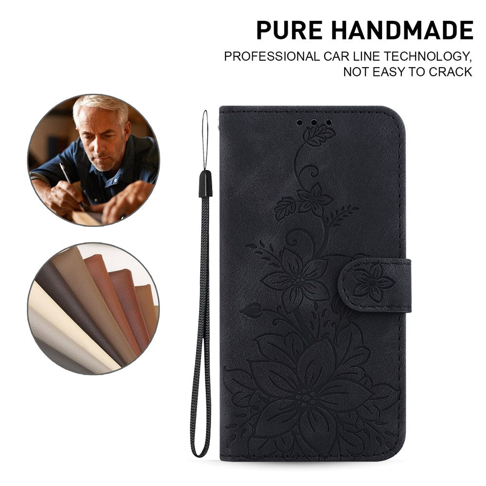 For Xiaomi Redmi Note 15 Pro 5G (Global) Stand Case Lily Flower Imprint Leather Phone Cover with Wrist Strap - Black