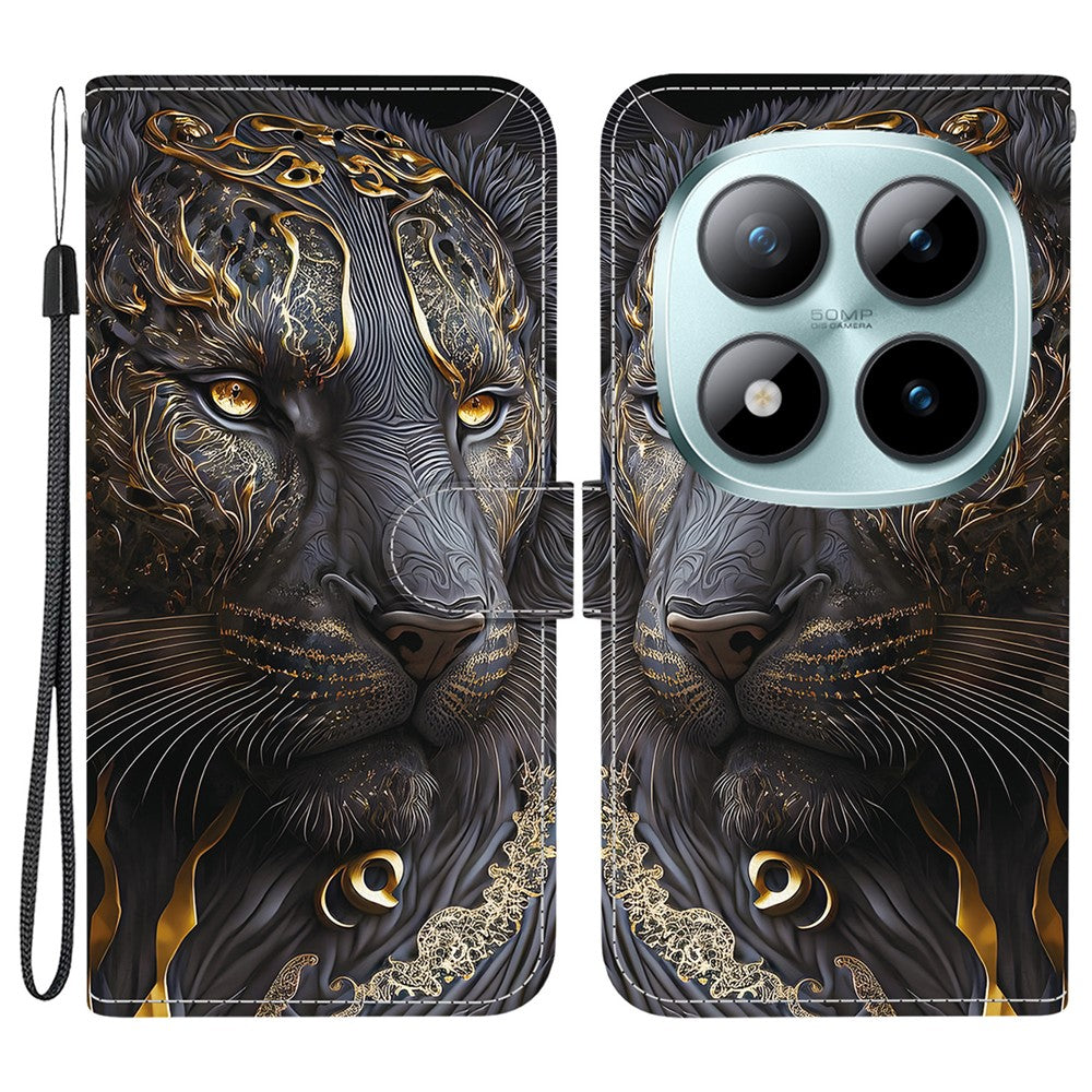 For Xiaomi Redmi Note 15 Pro 5G (Global) Leather Case Stand Wallet Pattern Printing Phone Cover with Wrist Strap - Black Gold Lion