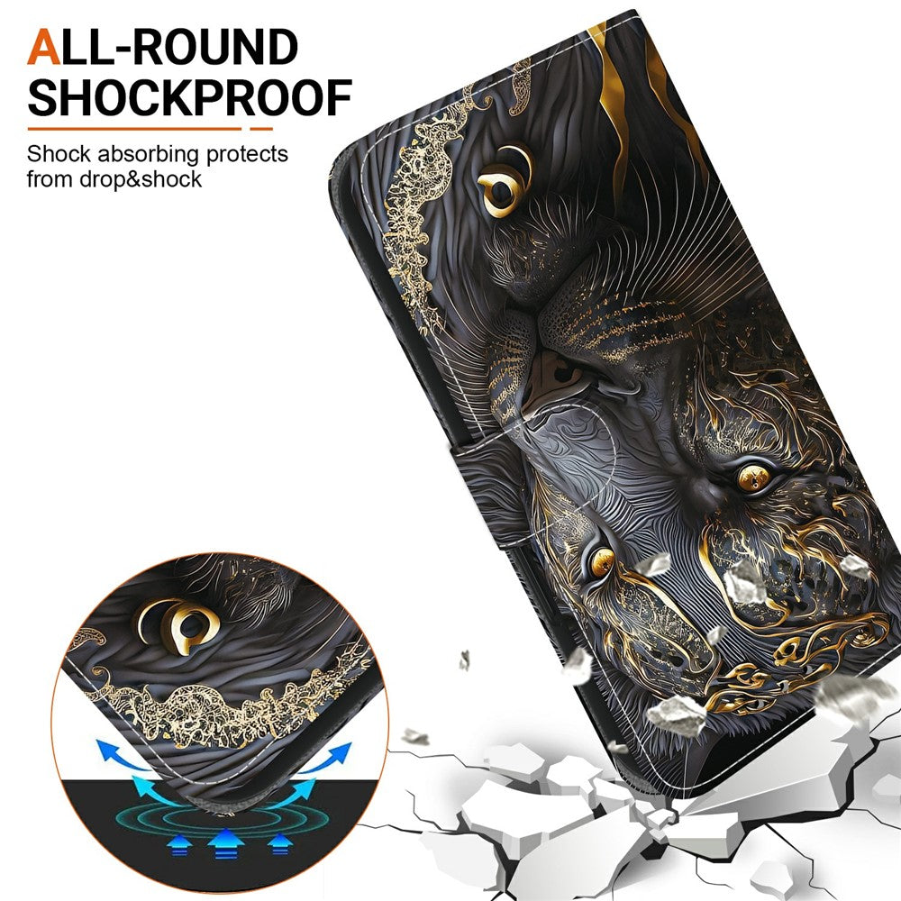 For Xiaomi Redmi Note 15 Pro 5G (Global) Leather Case Stand Wallet Pattern Printing Phone Cover with Wrist Strap - Black Gold Lion