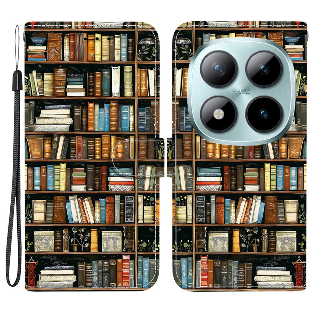 For Xiaomi Redmi Note 15 Pro 5G (Global) Leather Case Stand Wallet Pattern Printing Phone Cover with Wrist Strap - Bookshelf