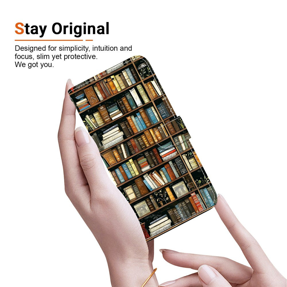 For Xiaomi Redmi Note 15 Pro 5G (Global) Leather Case Stand Wallet Pattern Printing Phone Cover with Wrist Strap - Bookshelf