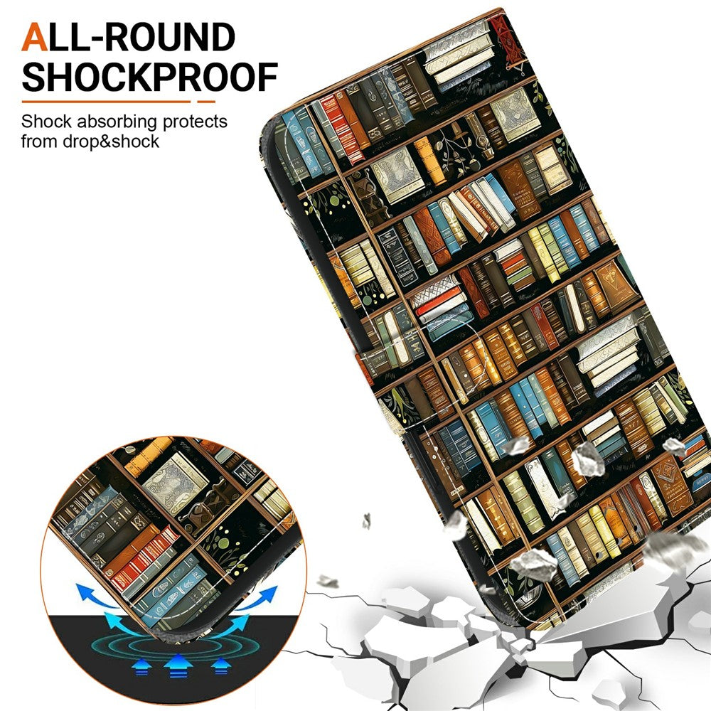 For Xiaomi Redmi Note 15 Pro 5G (Global) Leather Case Stand Wallet Pattern Printing Phone Cover with Wrist Strap - Bookshelf