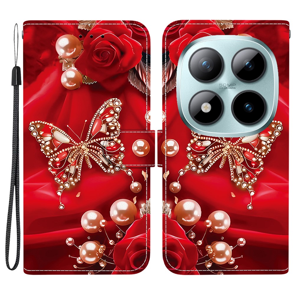 For Xiaomi Redmi Note 15 Pro 5G (Global) Leather Case Stand Wallet Pattern Printing Phone Cover with Wrist Strap - Pearl Butterfly Rose