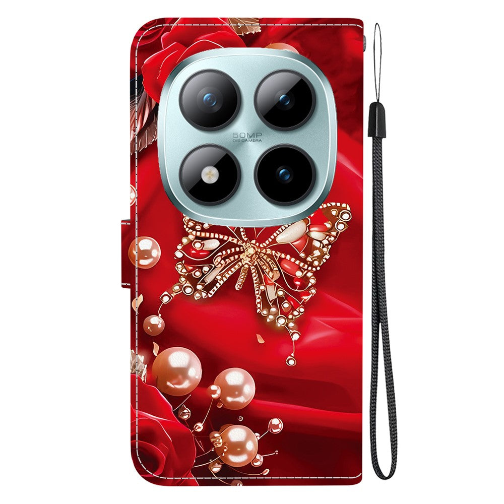 For Xiaomi Redmi Note 15 Pro 5G (Global) Leather Case Stand Wallet Pattern Printing Phone Cover with Wrist Strap - Pearl Butterfly Rose