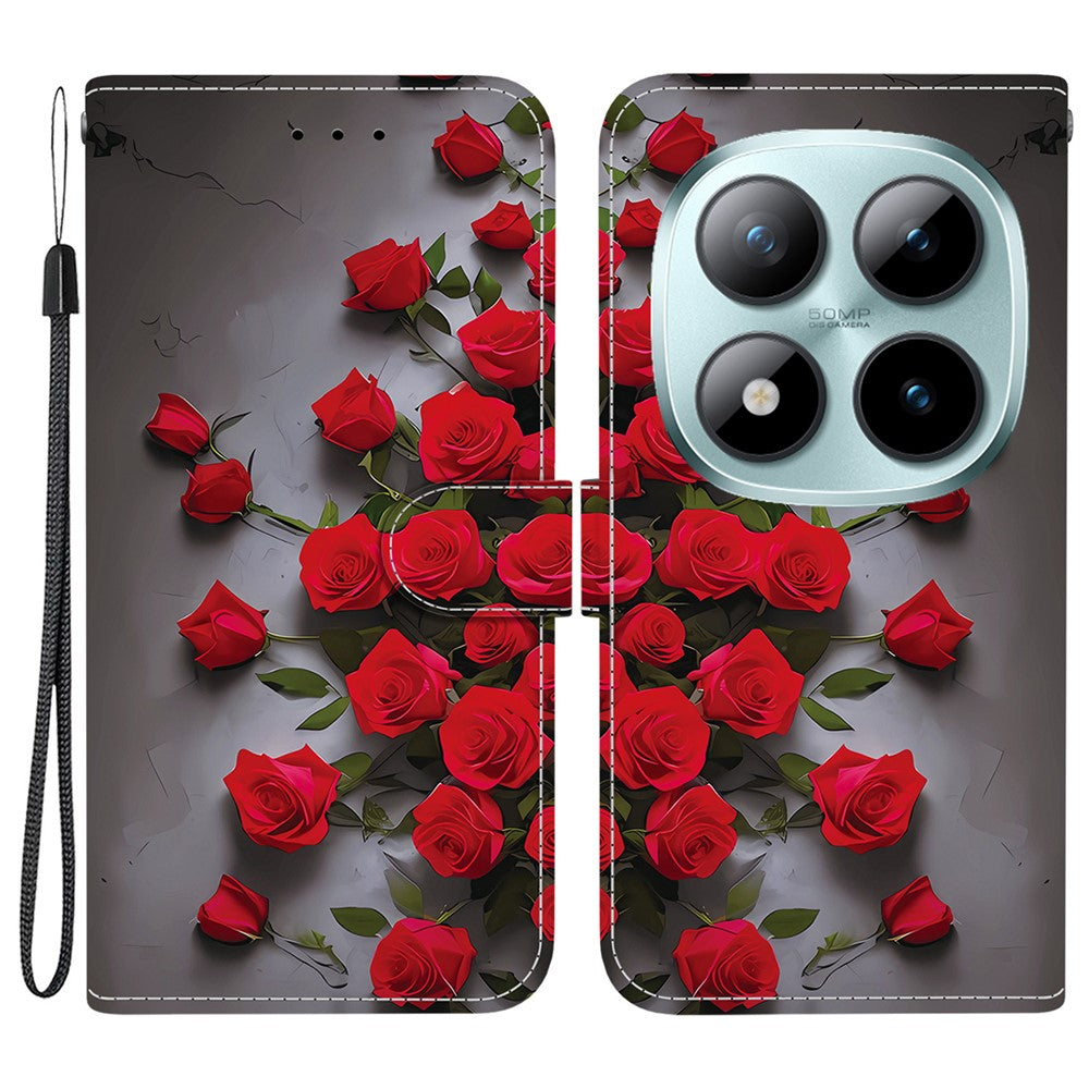 For Xiaomi Redmi Note 15 Pro 5G (Global) Leather Case Stand Wallet Pattern Printing Phone Cover with Wrist Strap - Red Rose