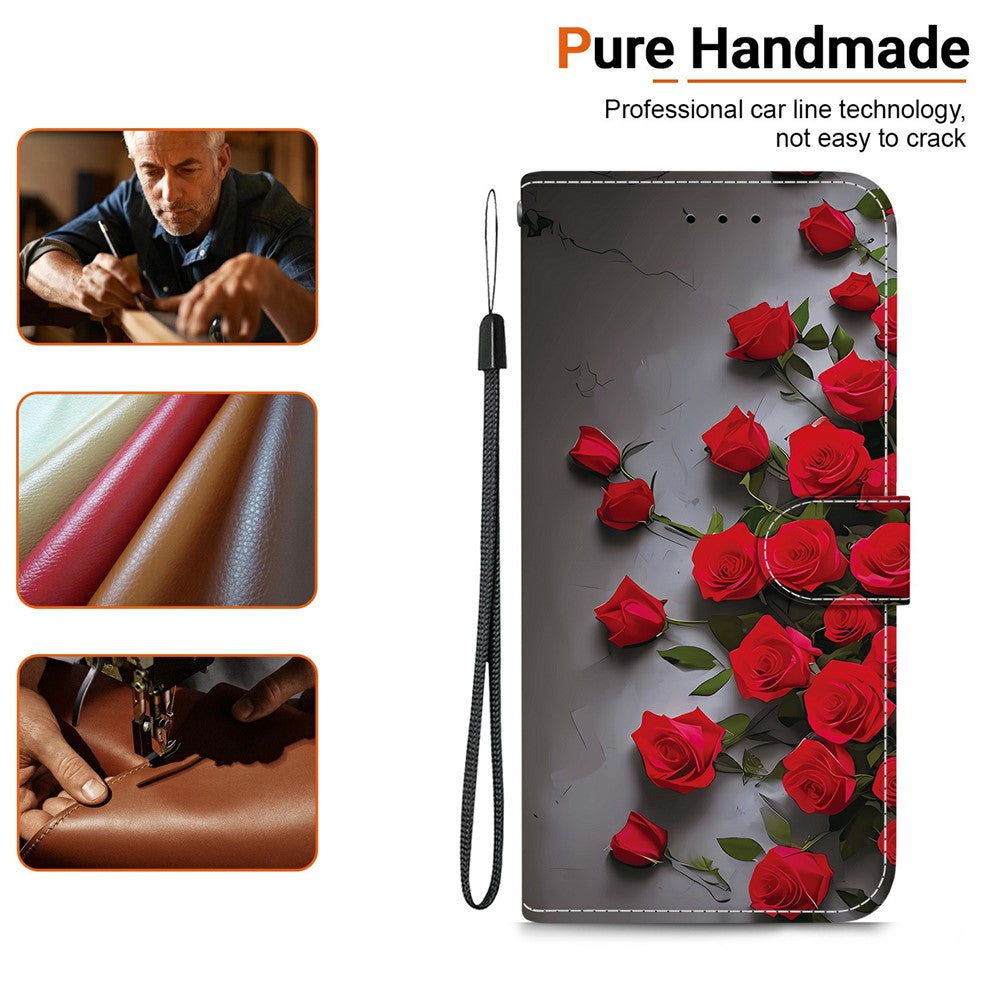 For Xiaomi Redmi Note 15 Pro 5G (Global) Leather Case Stand Wallet Pattern Printing Phone Cover with Wrist Strap - Red Rose