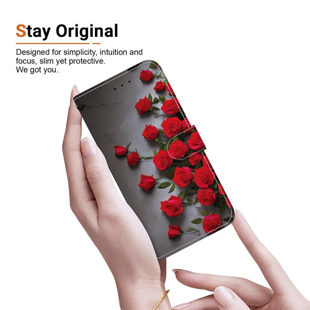 For Xiaomi Redmi Note 15 Pro 5G (Global) Leather Case Stand Wallet Pattern Printing Phone Cover with Wrist Strap - Red Rose