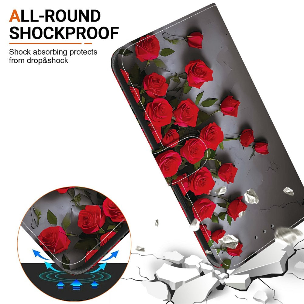 For Xiaomi Redmi Note 15 Pro 5G (Global) Leather Case Stand Wallet Pattern Printing Phone Cover with Wrist Strap - Red Rose