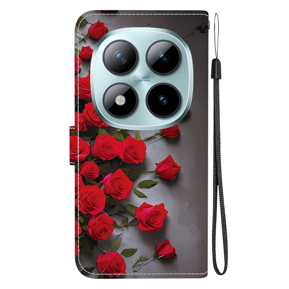 For Xiaomi Redmi Note 15 Pro 5G (Global) Leather Case Stand Wallet Pattern Printing Phone Cover with Wrist Strap - Red Rose