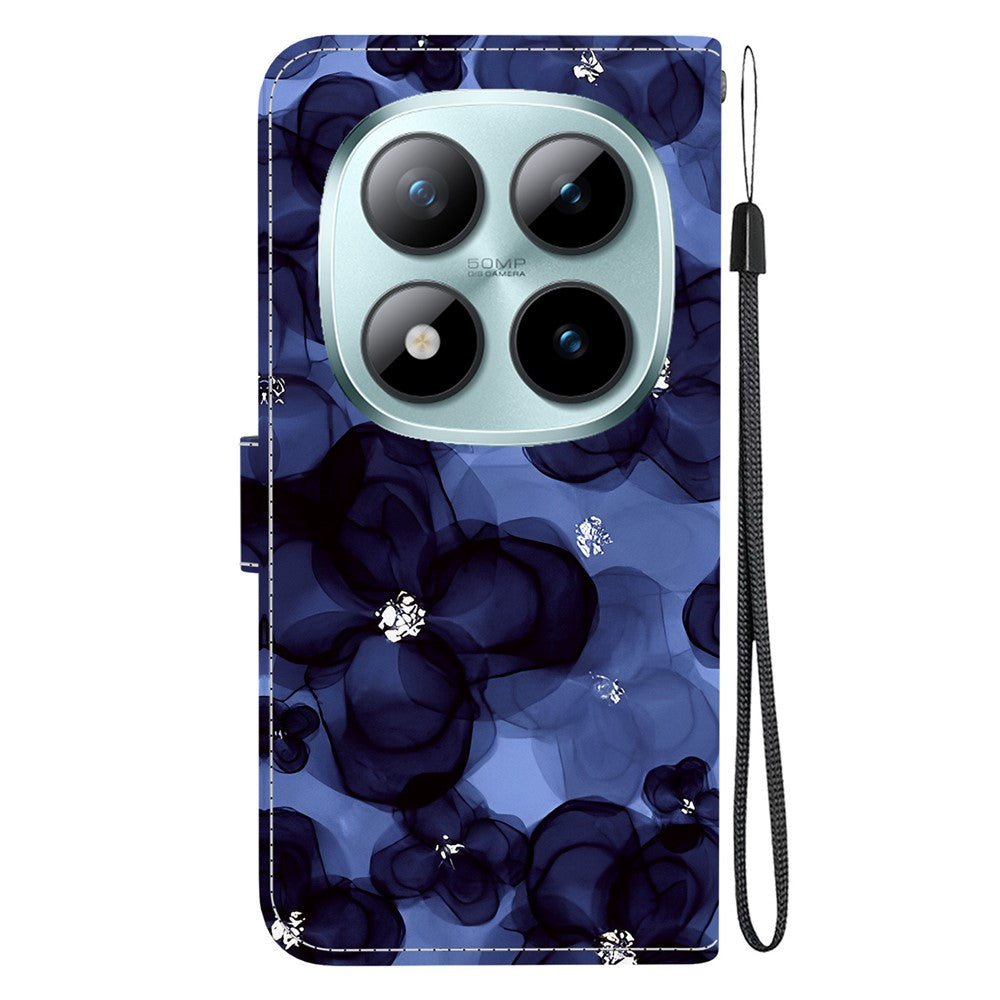 For Xiaomi Redmi Note 15 Pro 5G (Global) Wallet Case Pattern Printing Leather Stand Phone Cover with Strap - Ink Blue Flower