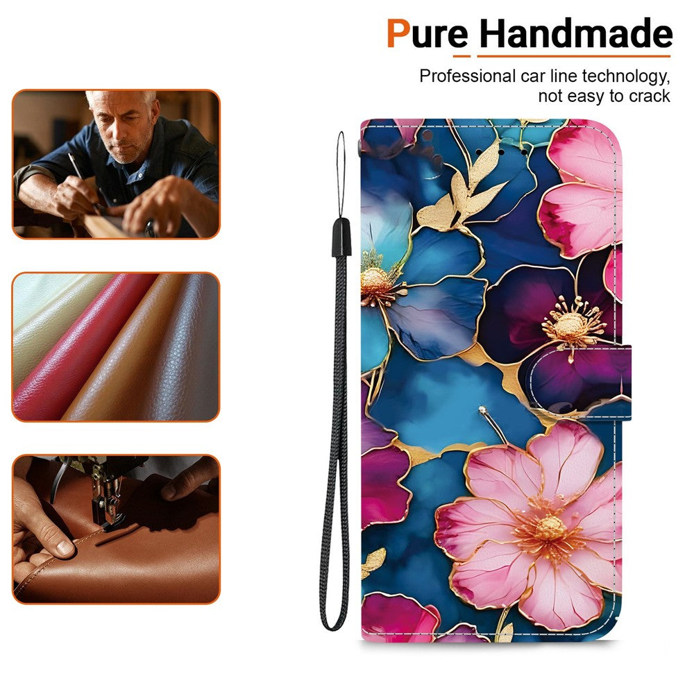 For Xiaomi Redmi Note 15 Pro 5G (Global) Wallet Case Pattern Printing Leather Stand Phone Cover with Strap - Blue Gold Flower