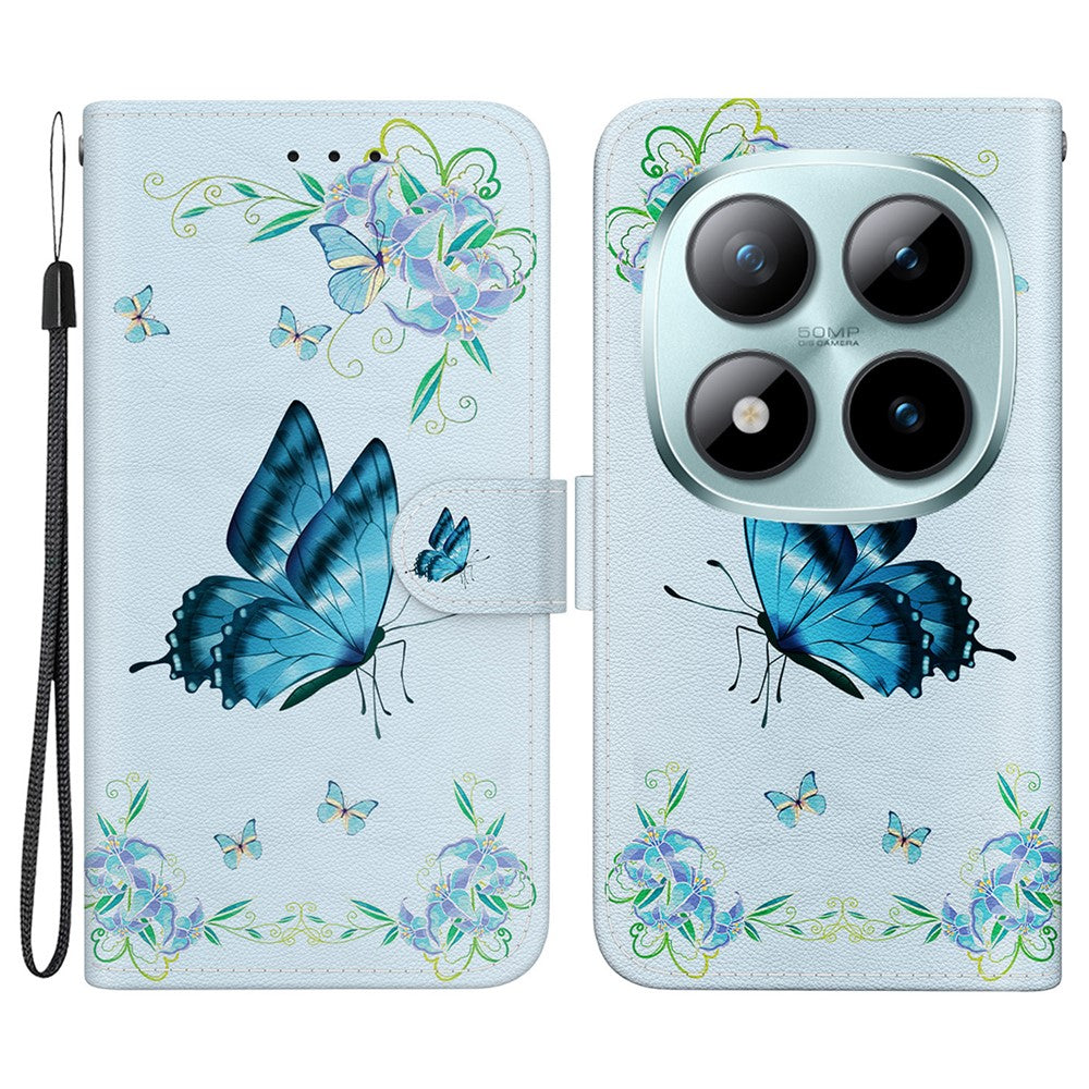 For Xiaomi Poco M8 Pro 5G / Redmi Note 15 Pro+ 5G (Global) Wallet Phone Case Anti-Drop Pattern Printing Leather Flip Cover with Strap - Blue Butterfly Flower