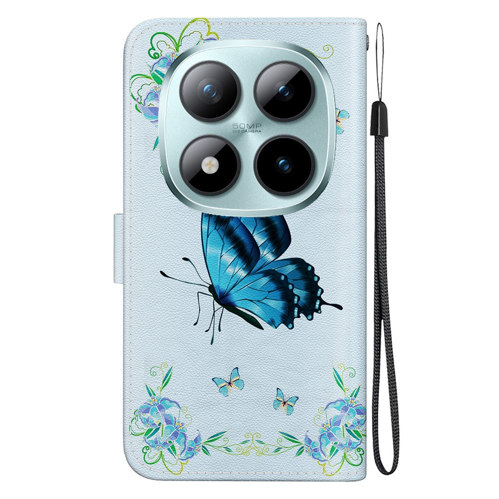 For Xiaomi Poco M8 Pro 5G / Redmi Note 15 Pro+ 5G (Global) Wallet Phone Case Anti-Drop Pattern Printing Leather Flip Cover with Strap - Blue Butterfly Flower