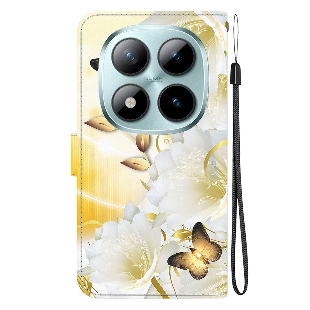 For Xiaomi Poco M8 Pro 5G / Redmi Note 15 Pro+ 5G (Global) Wallet Phone Case Anti-Drop Pattern Printing Leather Flip Cover with Strap - Gold Butterfly Flower