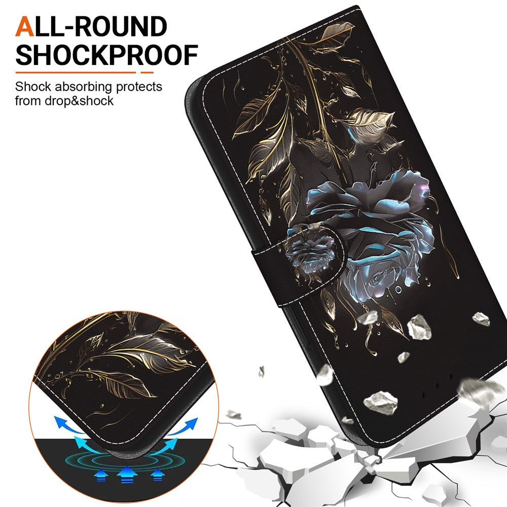 For Xiaomi Poco M8 Pro 5G / Redmi Note 15 Pro+ 5G (Global) Wallet Phone Case Anti-Drop Pattern Printing Leather Flip Cover with Strap - Black Rose