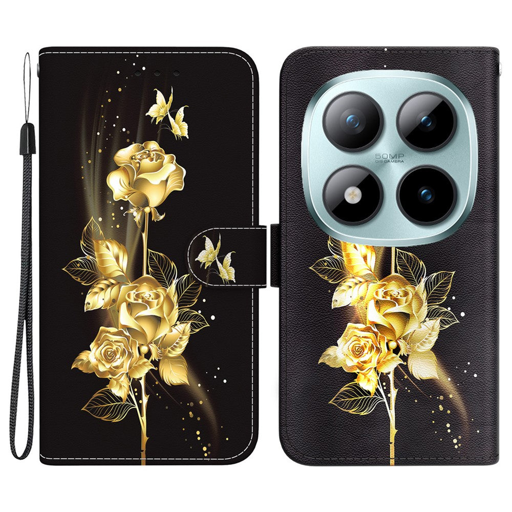 For Xiaomi Poco M8 Pro 5G / Redmi Note 15 Pro+ 5G (Global) Wallet Phone Case Anti-Drop Pattern Printing Leather Flip Cover with Strap - Gold Butterfly Rose