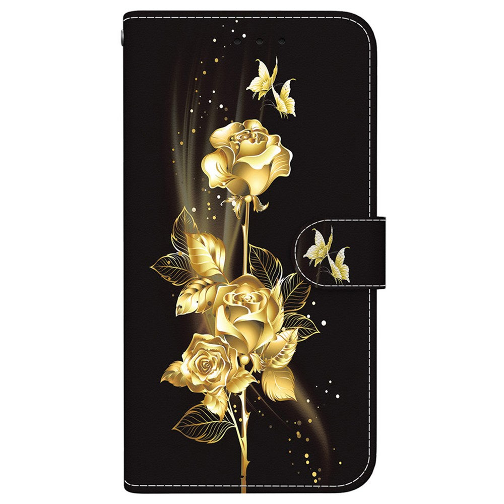 For Xiaomi Poco M8 Pro 5G / Redmi Note 15 Pro+ 5G (Global) Wallet Phone Case Anti-Drop Pattern Printing Leather Flip Cover with Strap - Gold Butterfly Rose