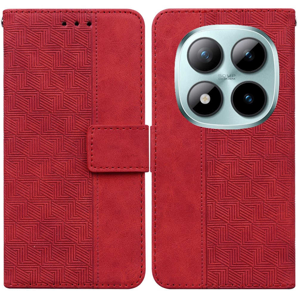 For Xiaomi Poco M8 Pro 5G / Redmi Note 15 Pro+ 5G (Global) Case Geometry Pattern Leather Wallet Phone Cover with Wrist Strap - Red