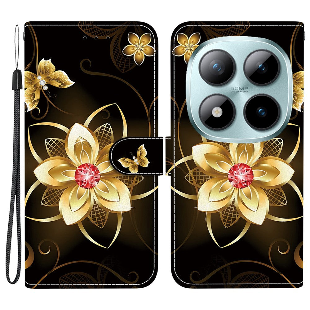 For Xiaomi Poco M8 Pro 5G / Redmi Note 15 Pro+ 5G (Global) Case Pattern Printing Leather Flip Wallet Phone Cover with Lanyard - Golden Flower