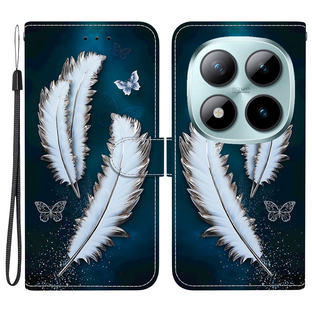 For Xiaomi Poco M8 Pro 5G / Redmi Note 15 Pro+ 5G (Global) Case Pattern Printing Leather Flip Wallet Phone Cover with Lanyard - White Butterfly Feather