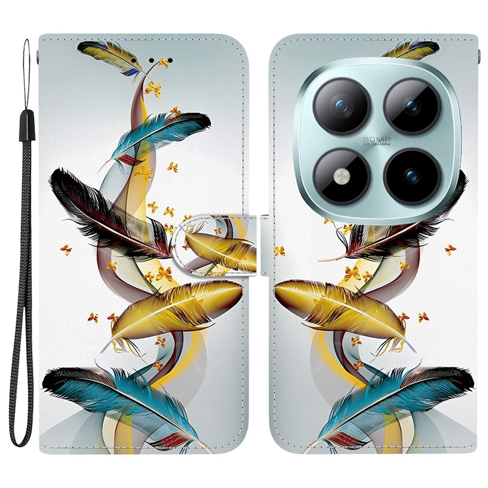 For Xiaomi Poco M8 Pro 5G / Redmi Note 15 Pro+ 5G (Global) Case Pattern Printing Leather Flip Wallet Phone Cover with Lanyard - Golden Butterfly Feather