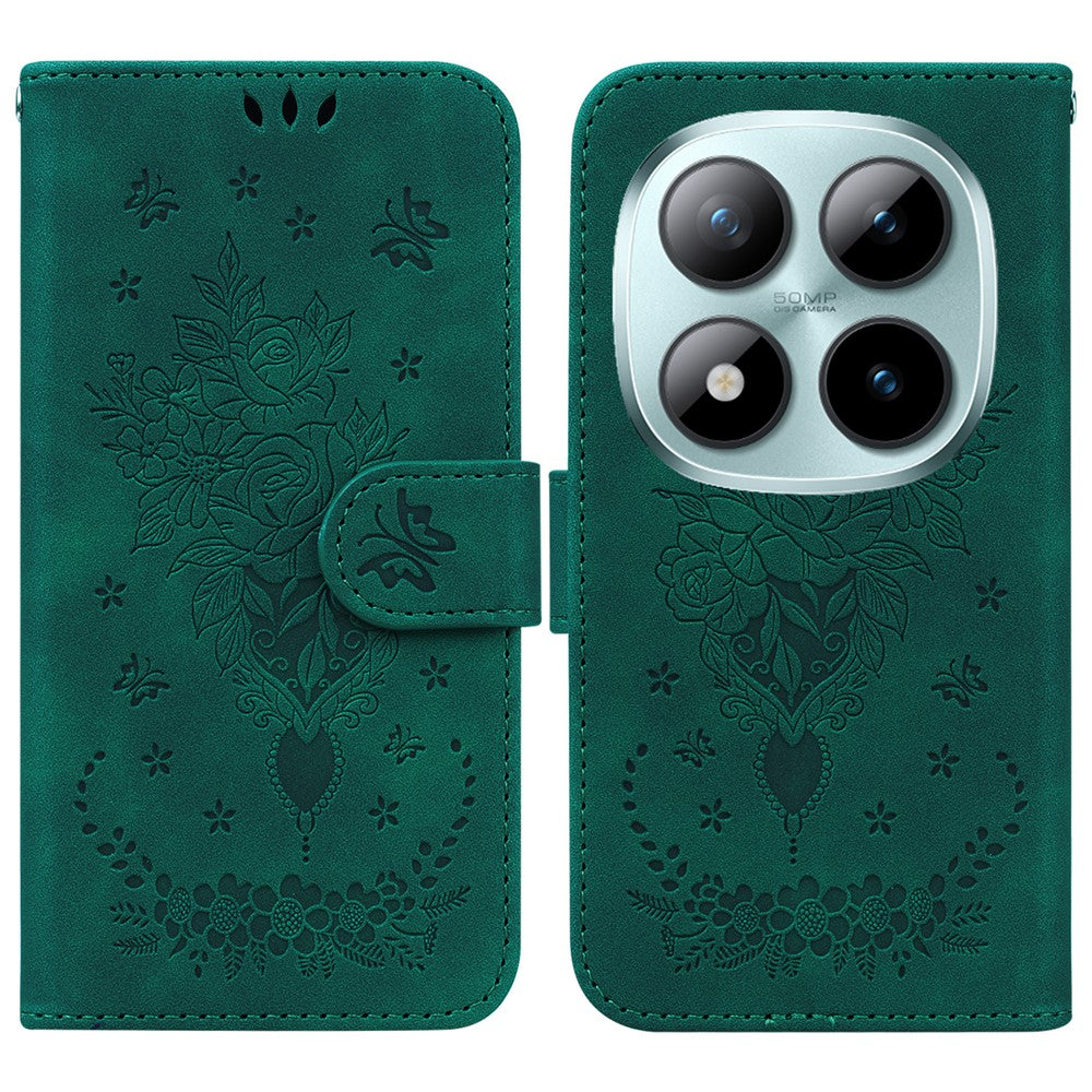 For Xiaomi Poco M8 Pro 5G / Redmi Note 15 Pro+ 5G (Global) Case Butterfly Flower Imprint PU Leather Wallet Phone Cover with Strap - Green
