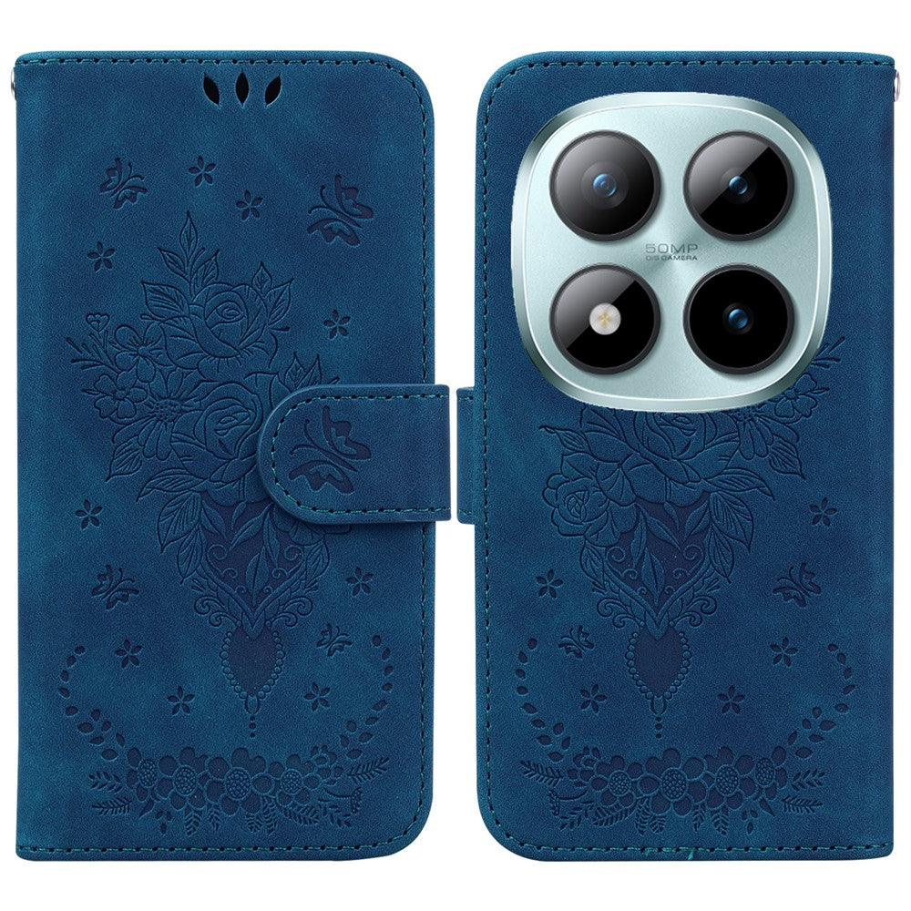 For Xiaomi Poco M8 Pro 5G / Redmi Note 15 Pro+ 5G (Global) Case Butterfly Flower Imprint PU Leather Wallet Phone Cover with Strap - Blue
