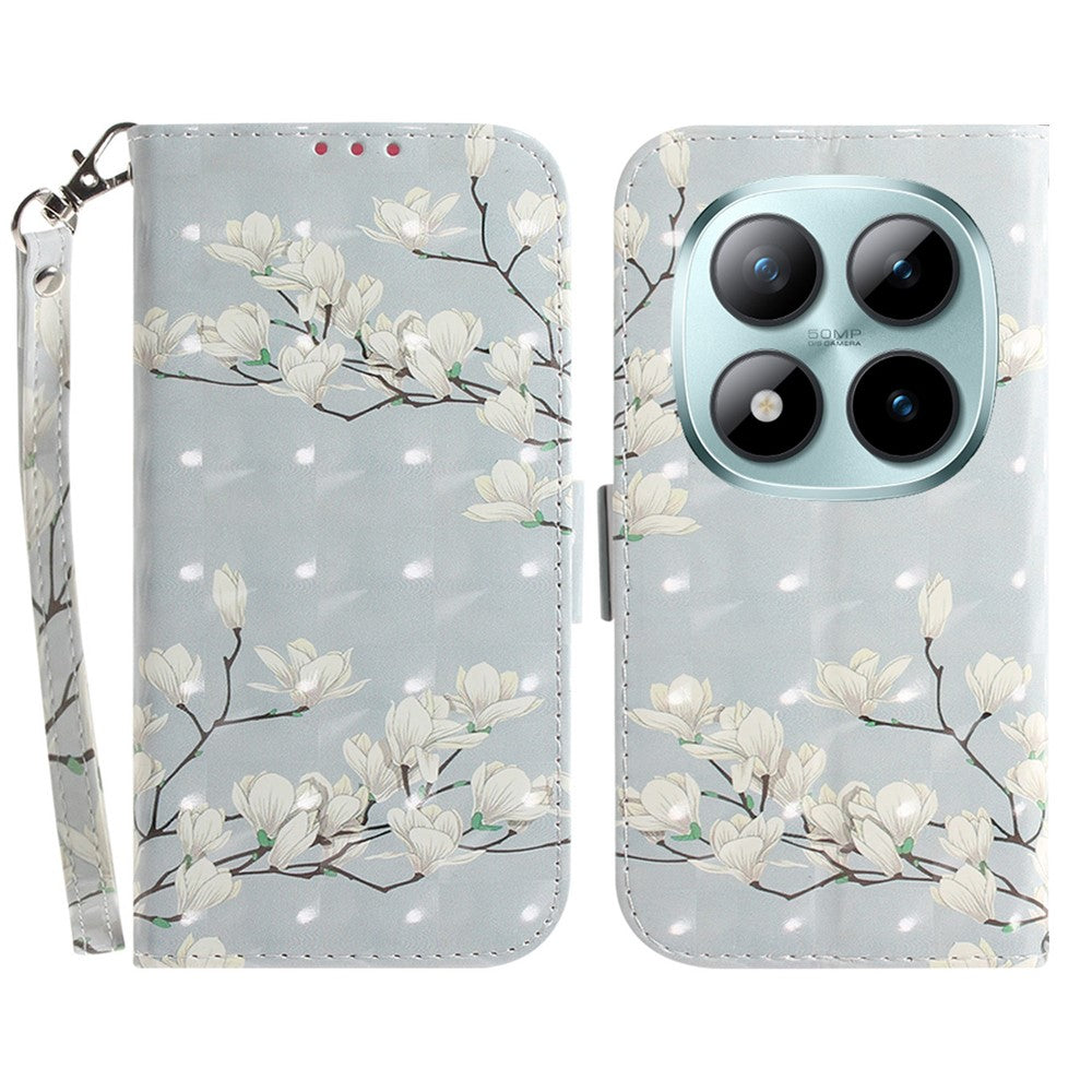 For Xiaomi Poco M8 Pro 5G / Redmi Note 15 Pro+ 5G (Global) Case Pattern Printing Leather Wallet Phone Cover with Wrist Strap - Magnolia