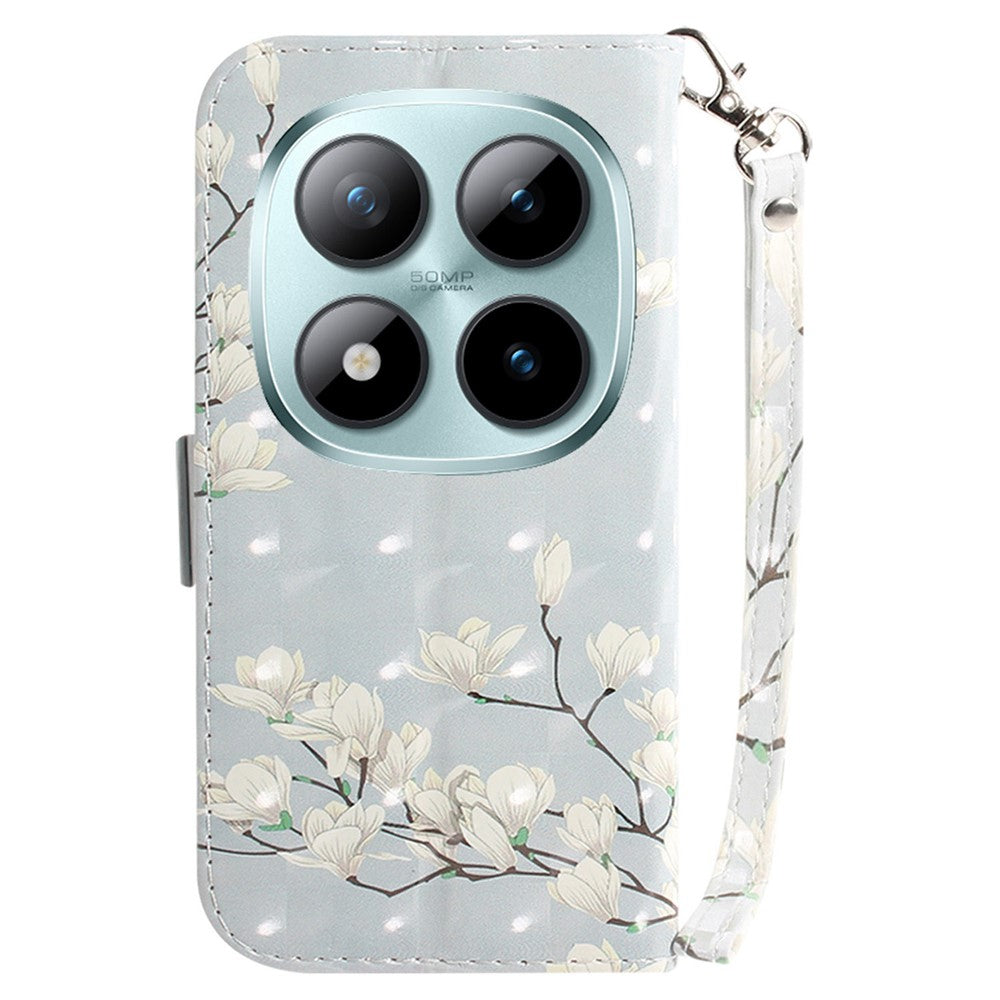 For Xiaomi Poco M8 Pro 5G / Redmi Note 15 Pro+ 5G (Global) Case Pattern Printing Leather Wallet Phone Cover with Wrist Strap - Magnolia