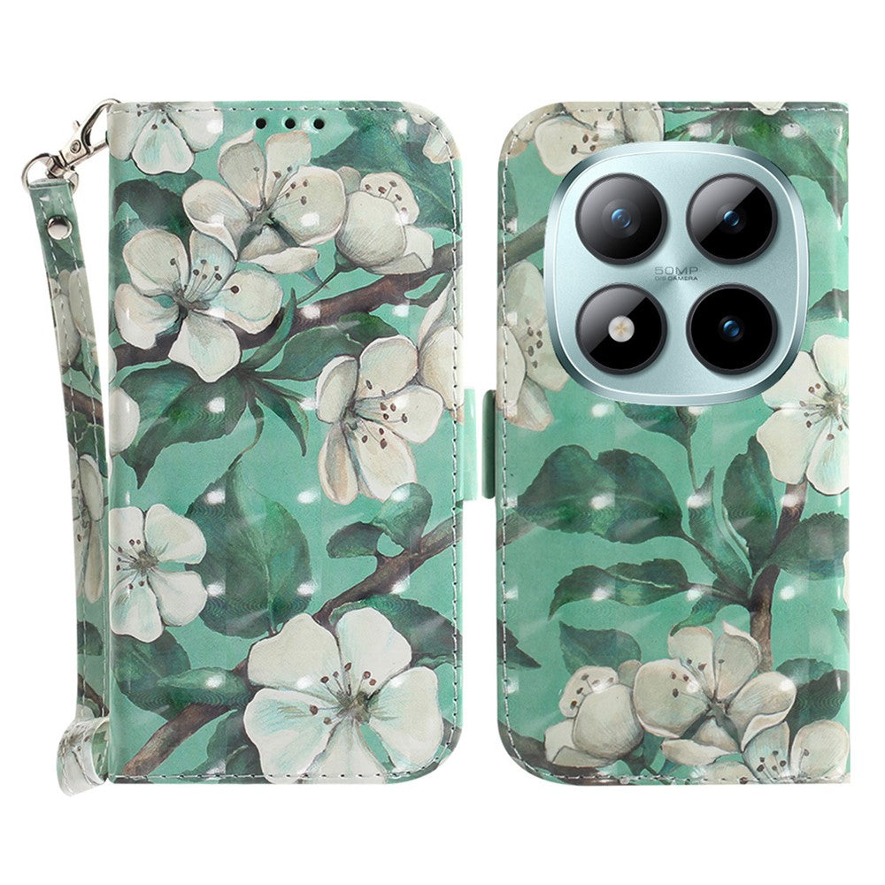 For Xiaomi Poco M8 Pro 5G / Redmi Note 15 Pro+ 5G (Global) Case Pattern Printing Leather Wallet Phone Cover with Wrist Strap - Watercolor Flowers