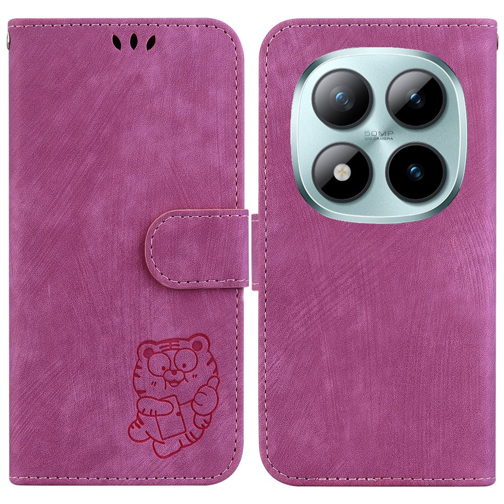 For Xiaomi Poco M8 Pro 5G / Redmi Note 15 Pro+ 5G (Global) Wallet Case Tiger Imprint Leather Shockproof Phone Cover with Wrist Strap - Rose