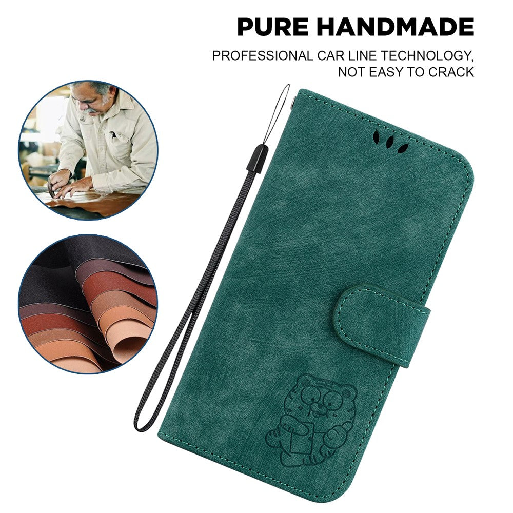 For Xiaomi Poco M8 Pro 5G / Redmi Note 15 Pro+ 5G (Global) Wallet Case Tiger Imprint Leather Shockproof Phone Cover with Wrist Strap - Green