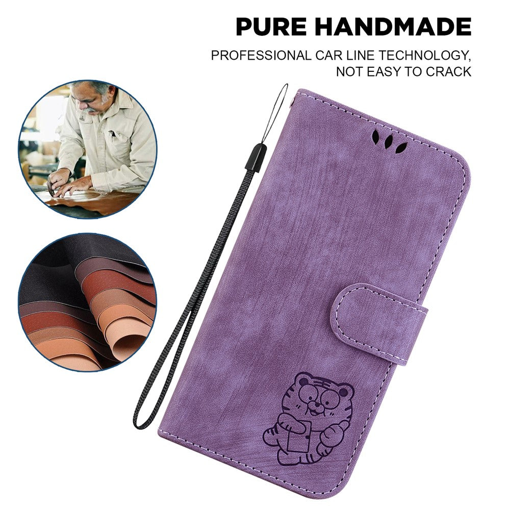 For Xiaomi Poco M8 Pro 5G / Redmi Note 15 Pro+ 5G (Global) Wallet Case Tiger Imprint Leather Shockproof Phone Cover with Wrist Strap - Purple