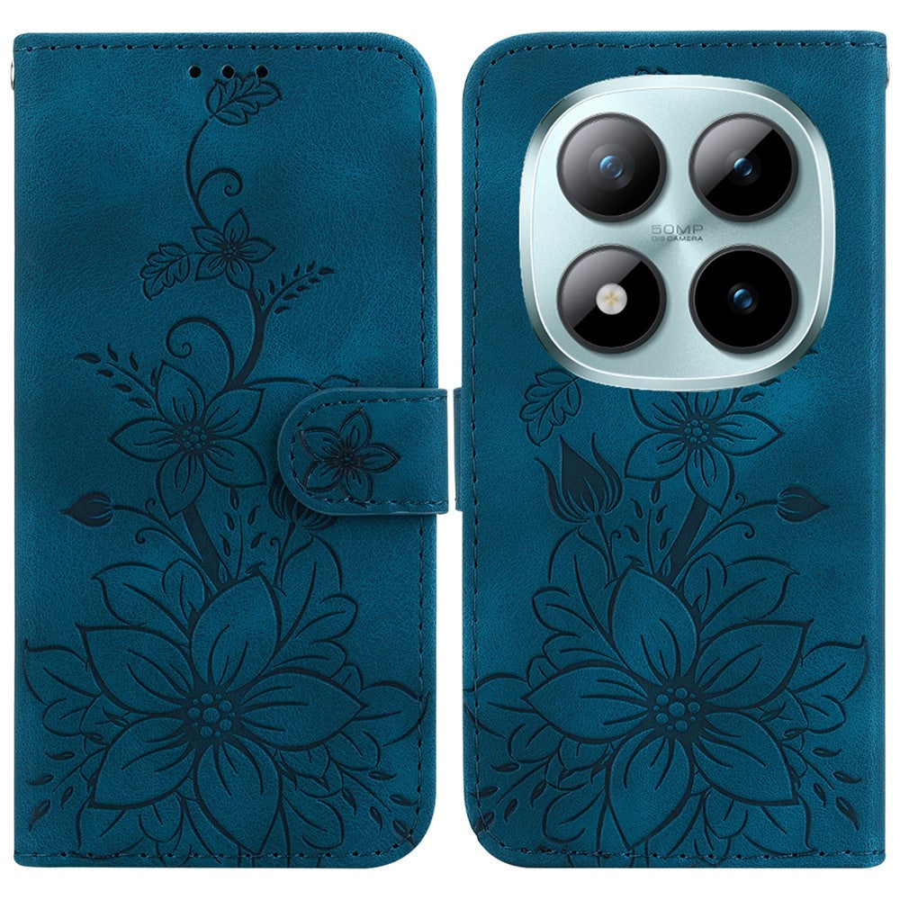 For Xiaomi Poco M8 Pro 5G / Redmi Note 15 Pro+ 5G (Global) Stand Case Lily Flower Imprint Leather Phone Cover with Wrist Strap - Dark Blue