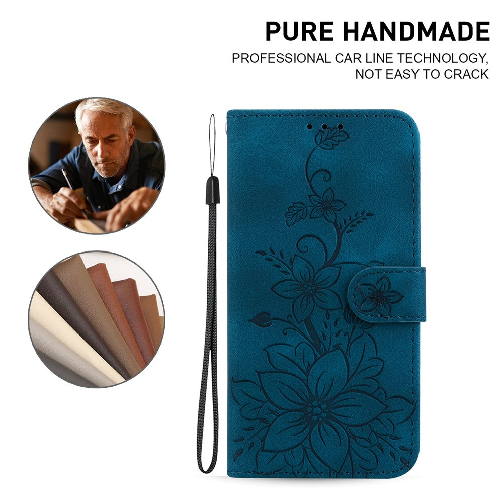 For Xiaomi Poco M8 Pro 5G / Redmi Note 15 Pro+ 5G (Global) Stand Case Lily Flower Imprint Leather Phone Cover with Wrist Strap - Dark Blue