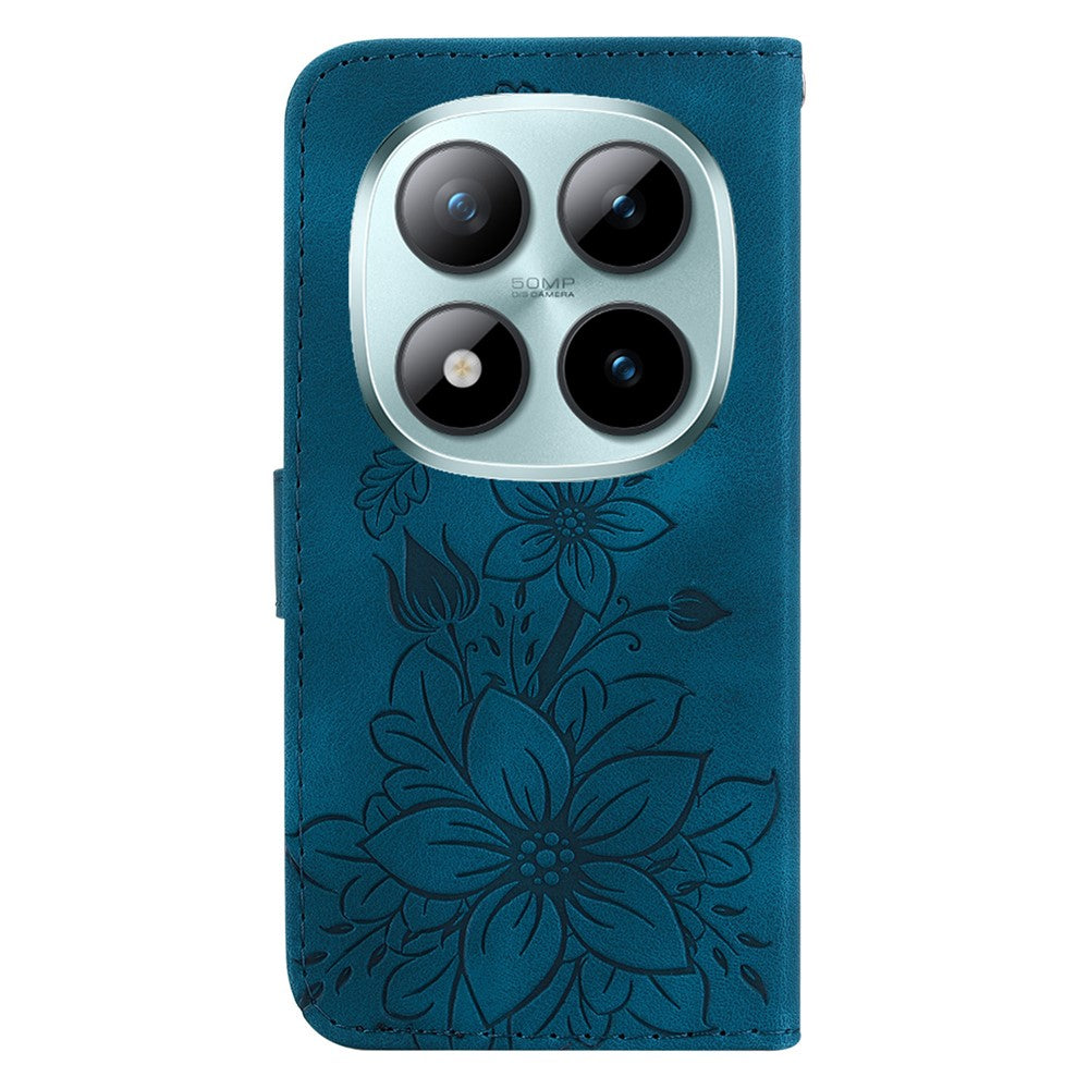For Xiaomi Poco M8 Pro 5G / Redmi Note 15 Pro+ 5G (Global) Stand Case Lily Flower Imprint Leather Phone Cover with Wrist Strap - Dark Blue