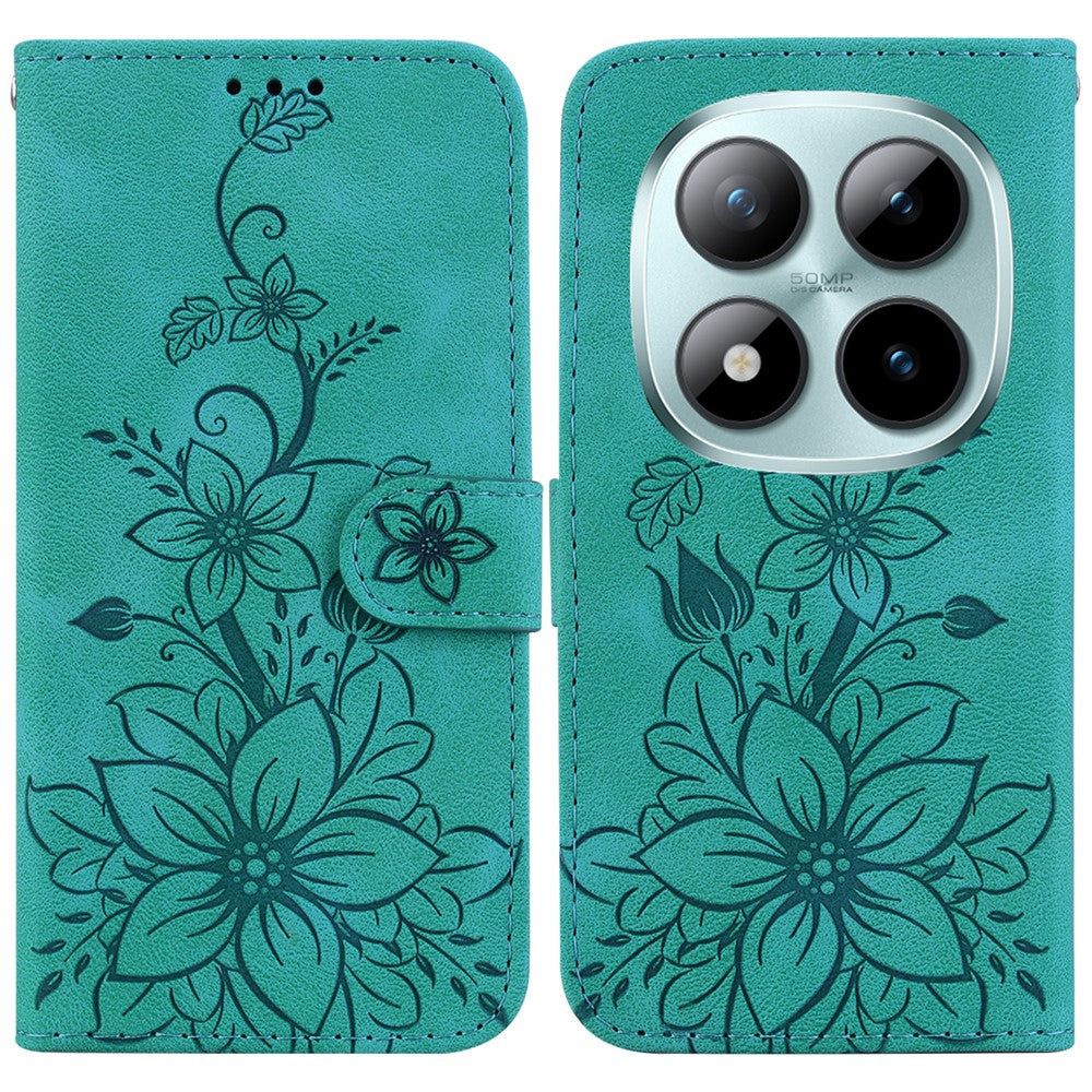 For Xiaomi Poco M8 Pro 5G / Redmi Note 15 Pro+ 5G (Global) Stand Case Lily Flower Imprint Leather Phone Cover with Wrist Strap - Green