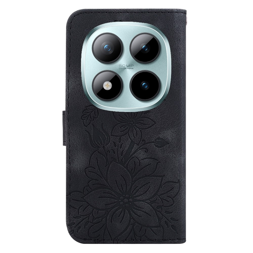 For Xiaomi Poco M8 Pro 5G / Redmi Note 15 Pro+ 5G (Global) Stand Case Lily Flower Imprint Leather Phone Cover with Wrist Strap - Black