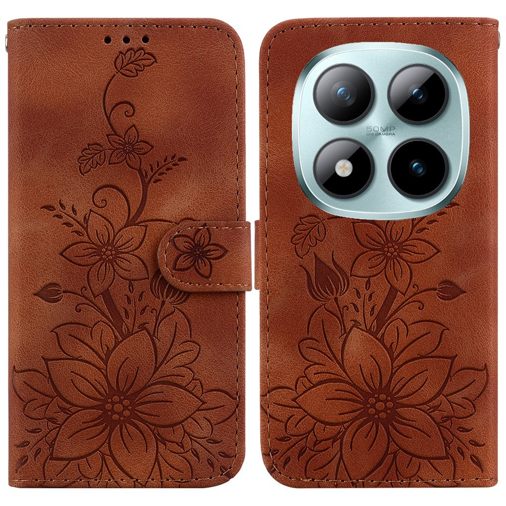 For Xiaomi Poco M8 Pro 5G / Redmi Note 15 Pro+ 5G (Global) Stand Case Lily Flower Imprint Leather Phone Cover with Wrist Strap - Brown