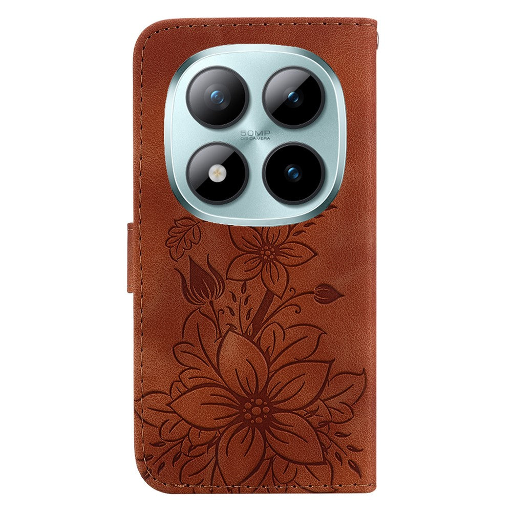 For Xiaomi Poco M8 Pro 5G / Redmi Note 15 Pro+ 5G (Global) Stand Case Lily Flower Imprint Leather Phone Cover with Wrist Strap - Brown