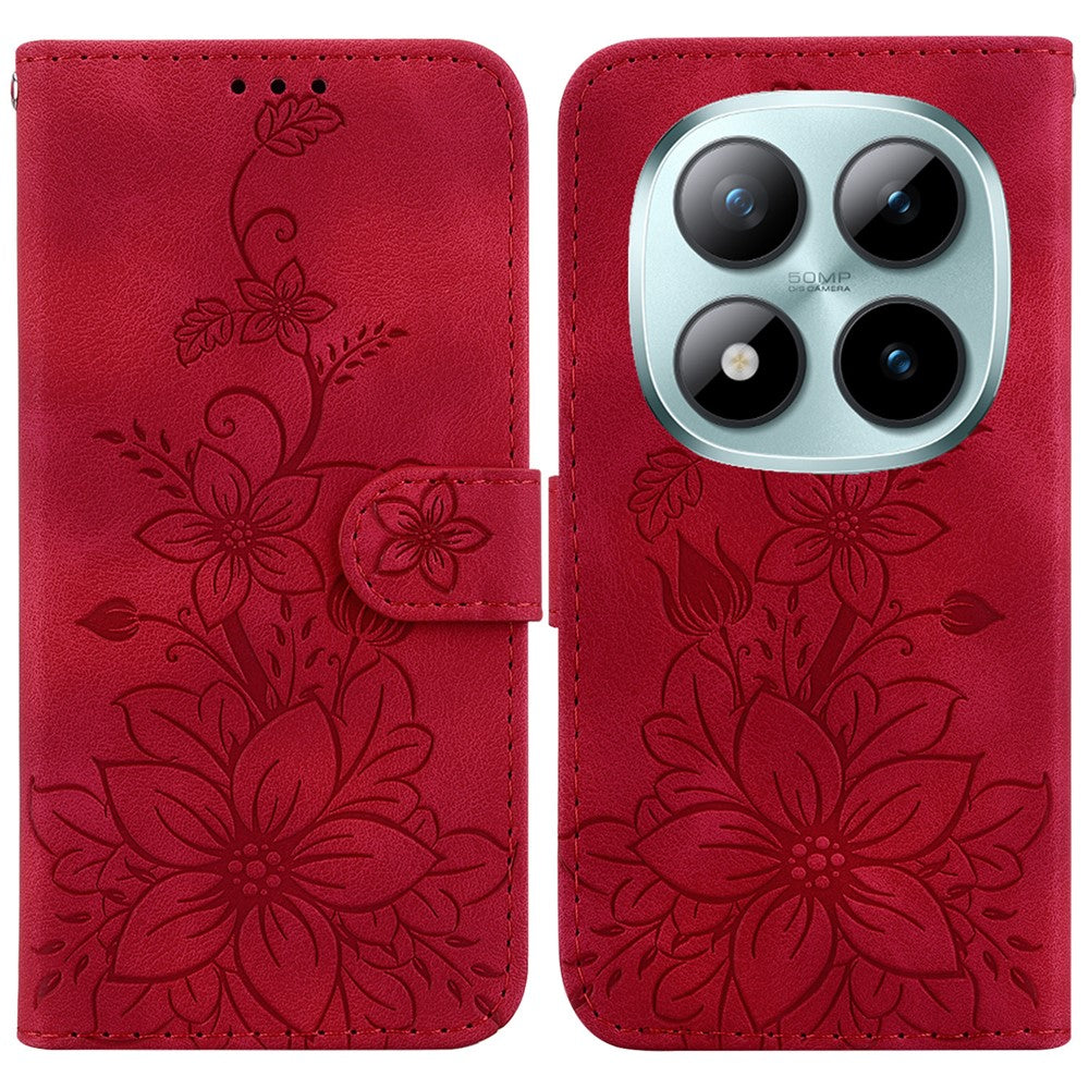 For Xiaomi Poco M8 Pro 5G / Redmi Note 15 Pro+ 5G (Global) Stand Case Lily Flower Imprint Leather Phone Cover with Wrist Strap - Red