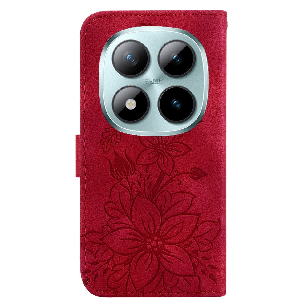 For Xiaomi Poco M8 Pro 5G / Redmi Note 15 Pro+ 5G (Global) Stand Case Lily Flower Imprint Leather Phone Cover with Wrist Strap - Red