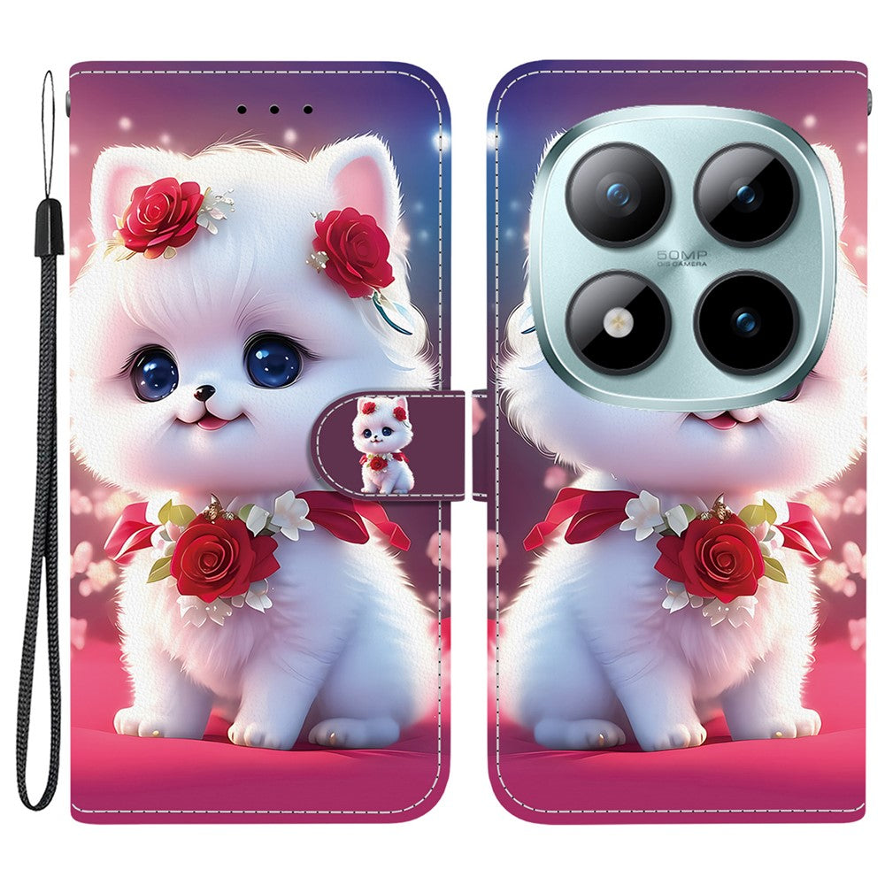 For Xiaomi Poco M8 Pro 5G / Redmi Note 15 Pro+ 5G (Global) Leather Case Stand Wallet Pattern Printing Phone Cover with Wrist Strap - Rose Cat