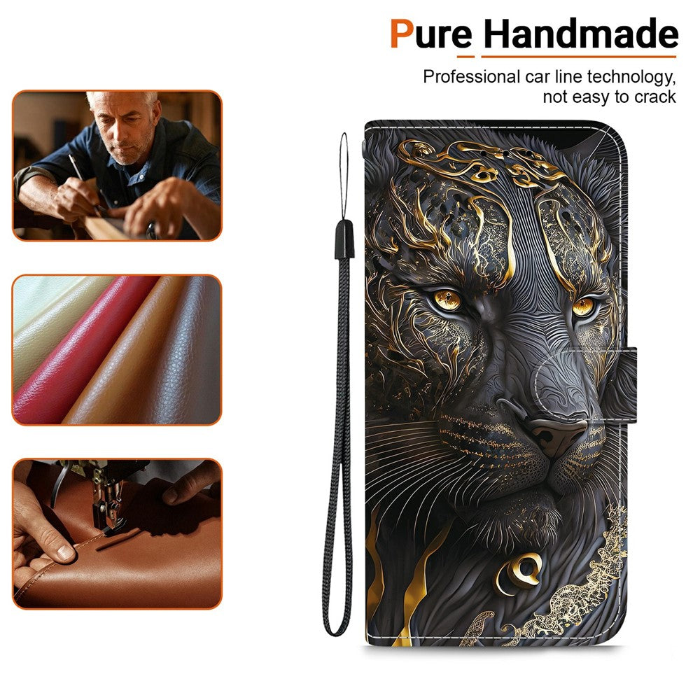 For Xiaomi Poco M8 Pro 5G / Redmi Note 15 Pro+ 5G (Global) Leather Case Stand Wallet Pattern Printing Phone Cover with Wrist Strap - Black Gold Lion