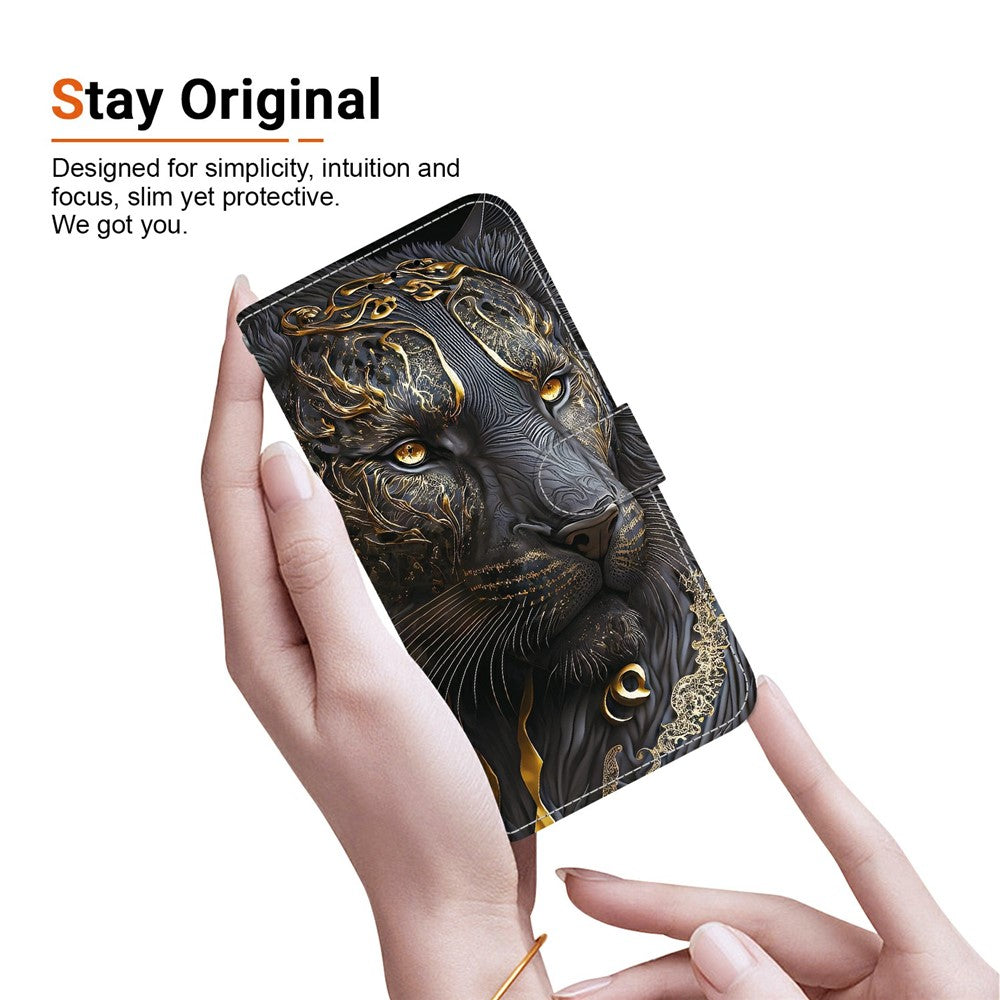For Xiaomi Poco M8 Pro 5G / Redmi Note 15 Pro+ 5G (Global) Leather Case Stand Wallet Pattern Printing Phone Cover with Wrist Strap - Black Gold Lion