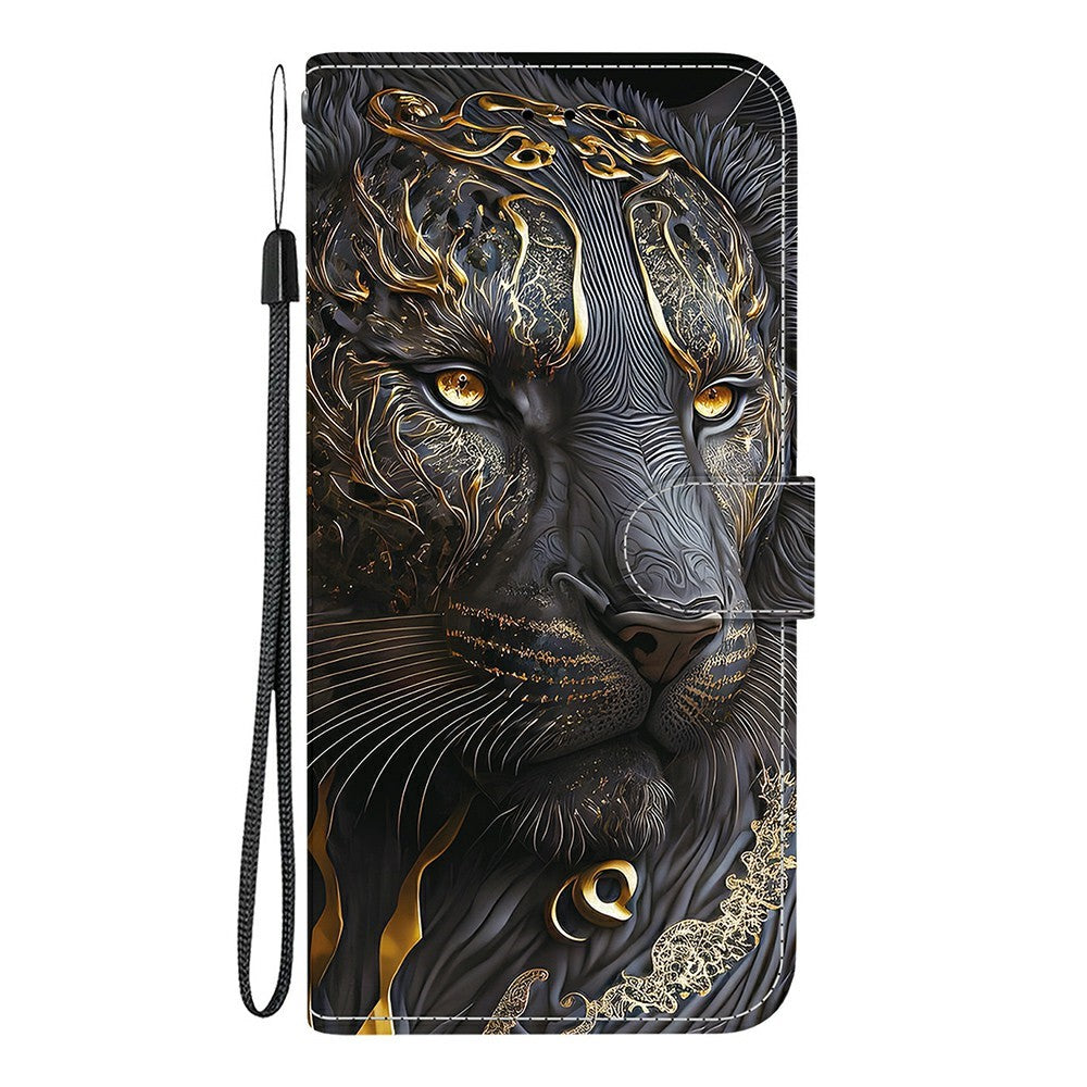 For Xiaomi Poco M8 Pro 5G / Redmi Note 15 Pro+ 5G (Global) Leather Case Stand Wallet Pattern Printing Phone Cover with Wrist Strap - Black Gold Lion