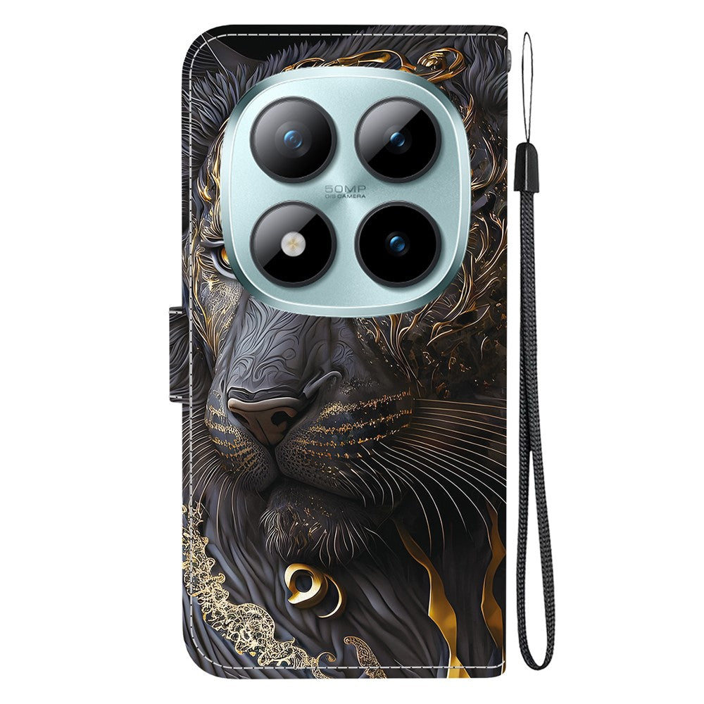 For Xiaomi Poco M8 Pro 5G / Redmi Note 15 Pro+ 5G (Global) Leather Case Stand Wallet Pattern Printing Phone Cover with Wrist Strap - Black Gold Lion